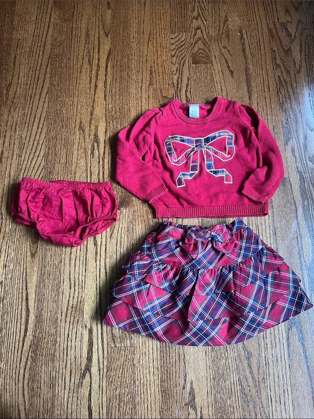 Girls Red Plaid Skirt and Red Sweater Set